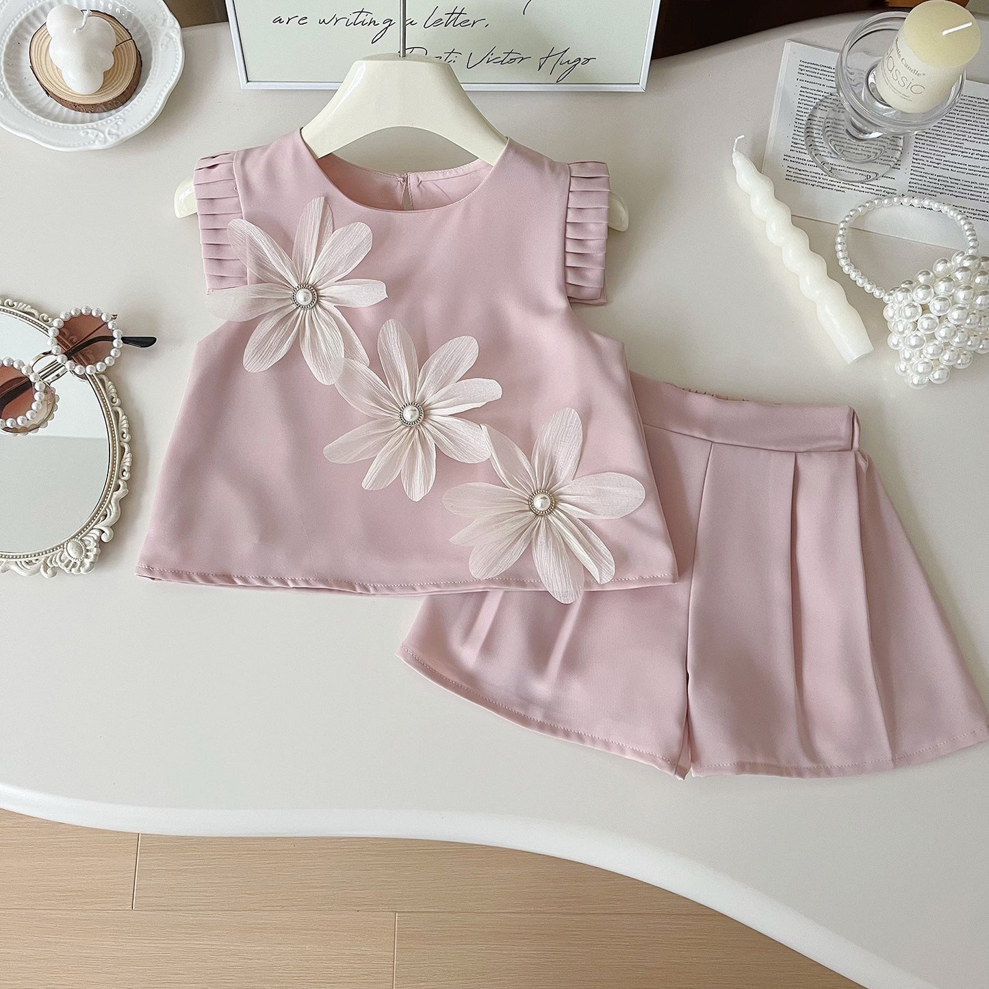 Floral Short Sleeve Blouse Pants Vest Children's Suit