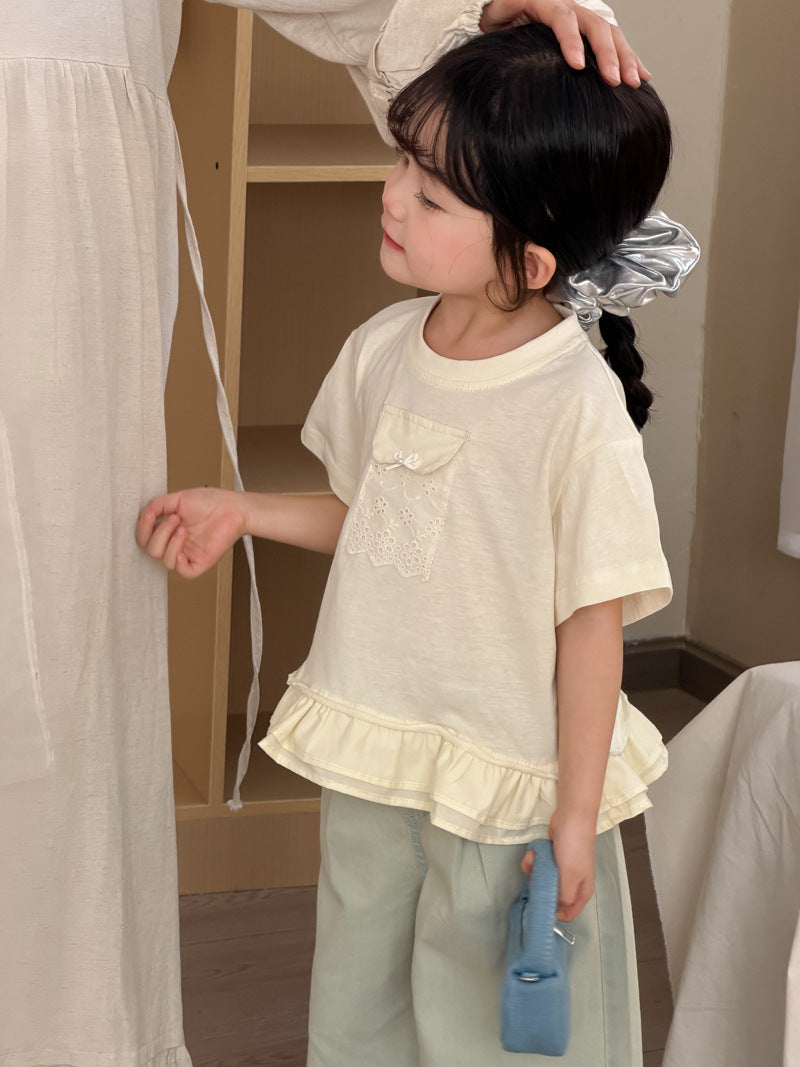 Children's Korean Ruffled Sweet Fresh Lace Pocket Short-sleeved Children's T-shirt