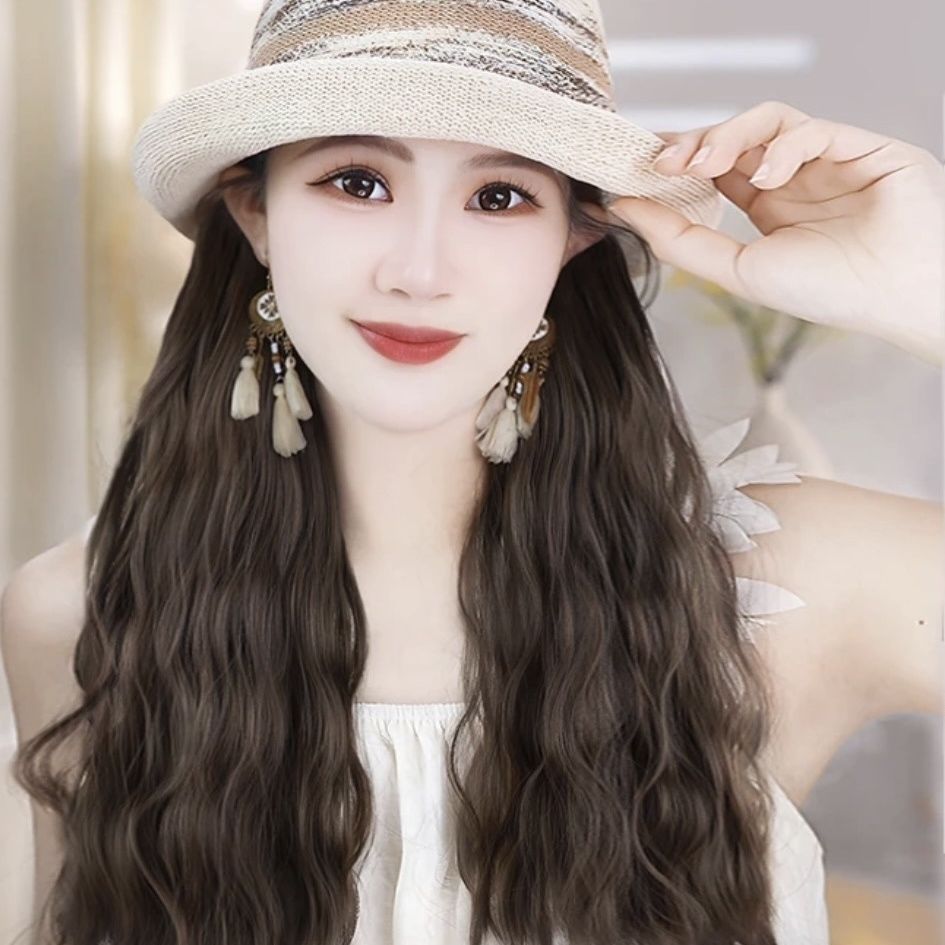Temperament Female French Style Brim Hat One Curly Hair Wig Long Curls