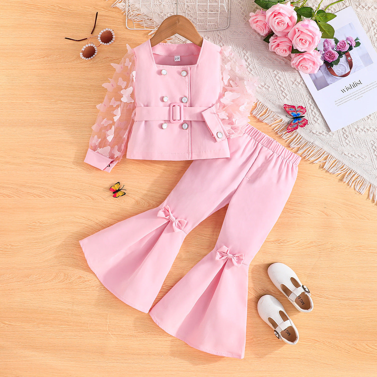 Fashion Mesh Sleeve Top Bell-bottom Pants Children's Suit