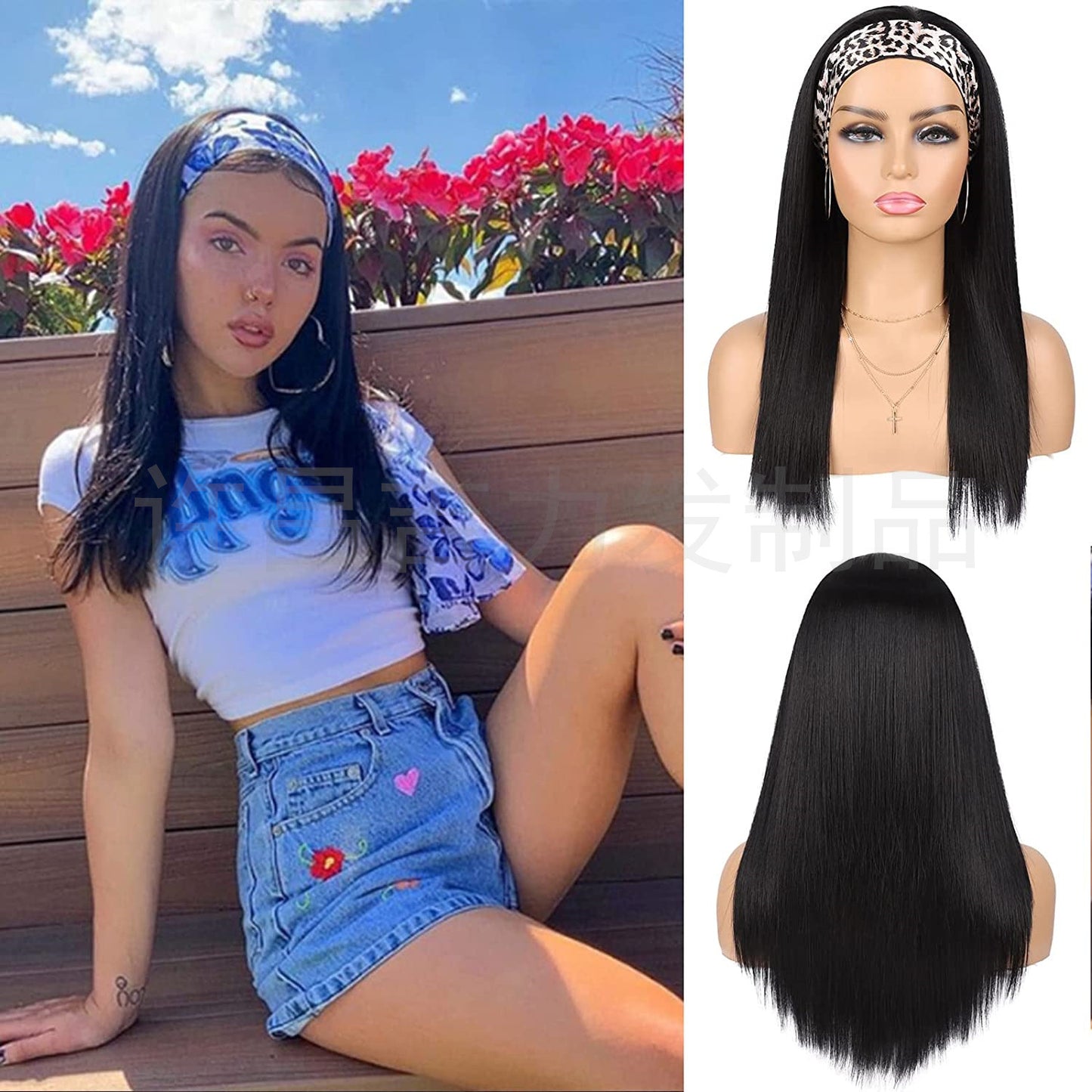 Women's Scarf Black Ice Silk Hair Band Long Straight Wig