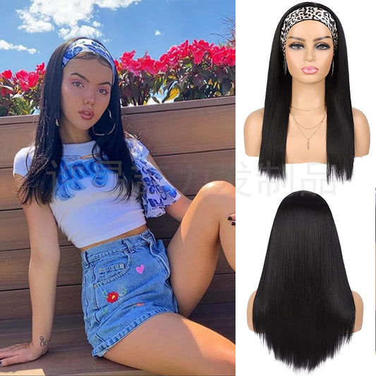 Women's Scarf Black Ice Silk Hair Band Long Straight Wig