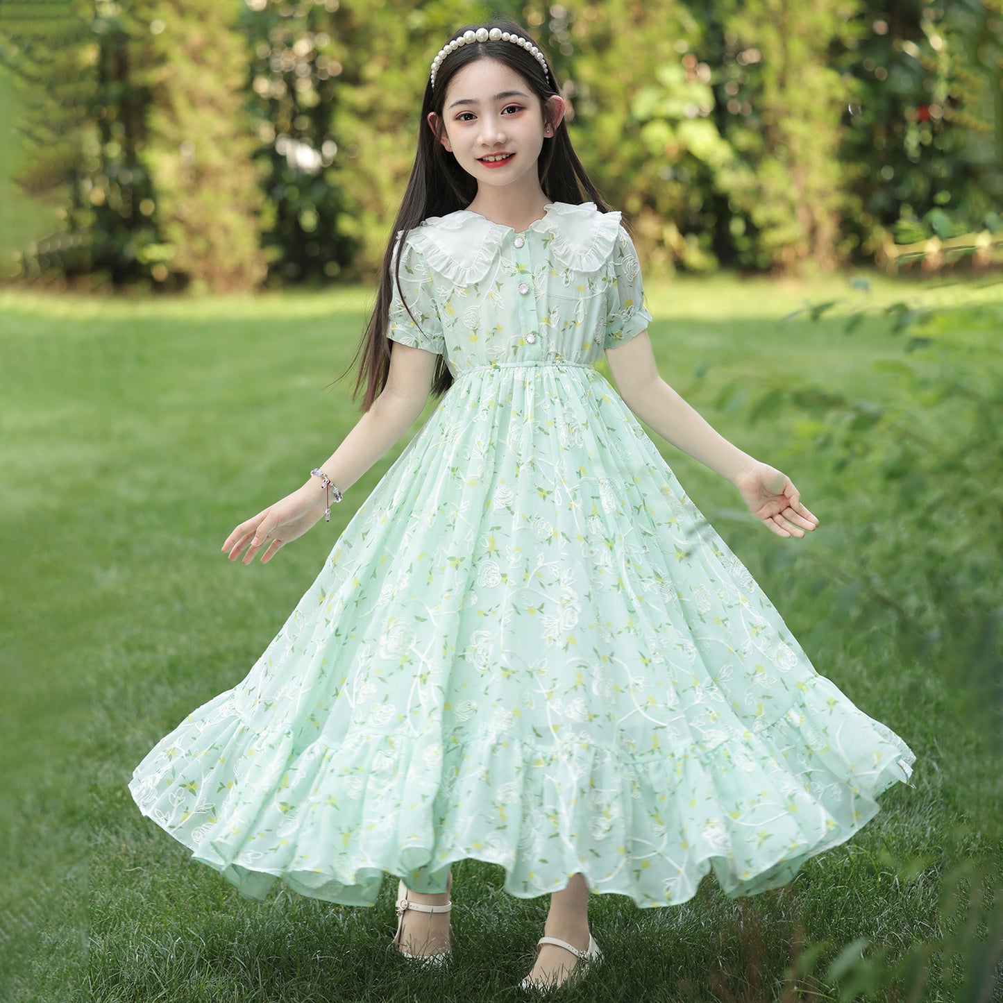 Children's Summer Princess Western Style Medium Big Floral Children's Dress