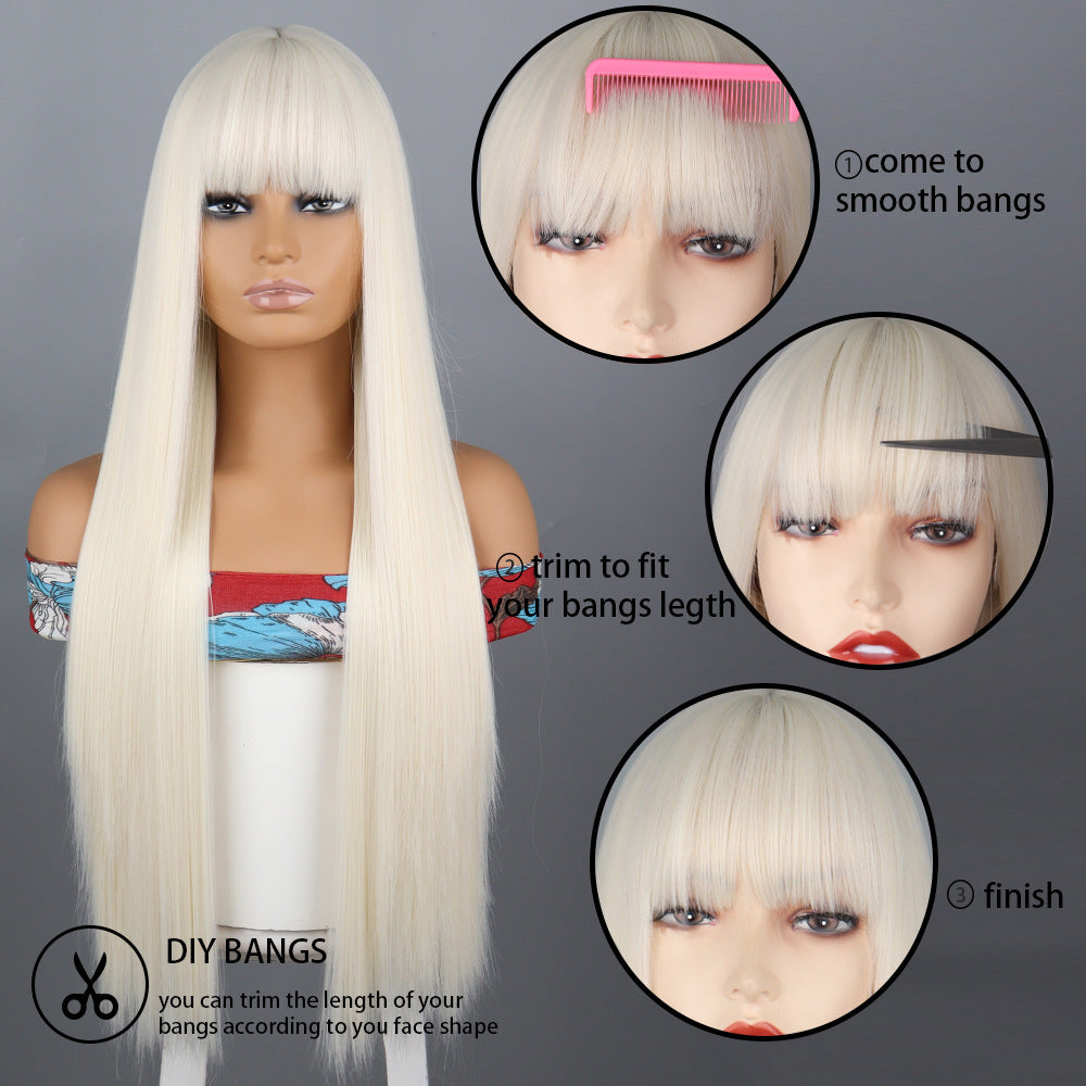 Women's Fashion Inch Light Golden Bangs Hair Long Straight Wig