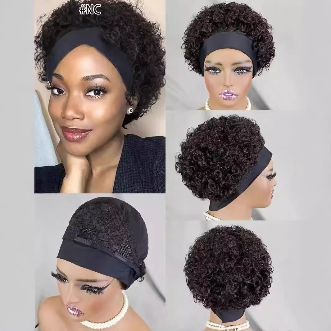 Classy Cool Human Headband Short Curl Real Hair Wig