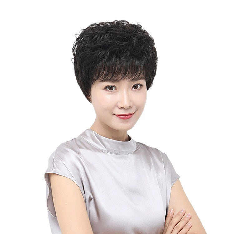 Women's Breathable Lightweight All Real Mom Headgear Wig Short Curly Hair
