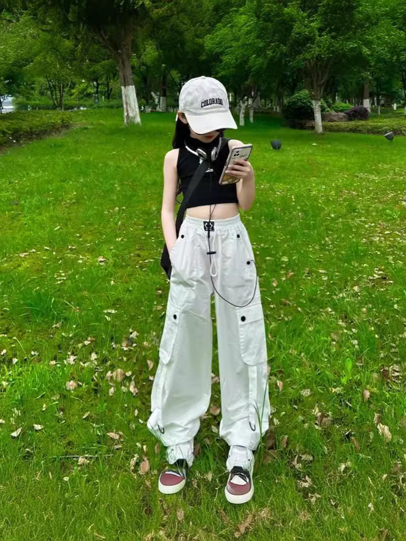 White Overalls Summer Thin American High Waist Jazz Dance Casual Children's Pants