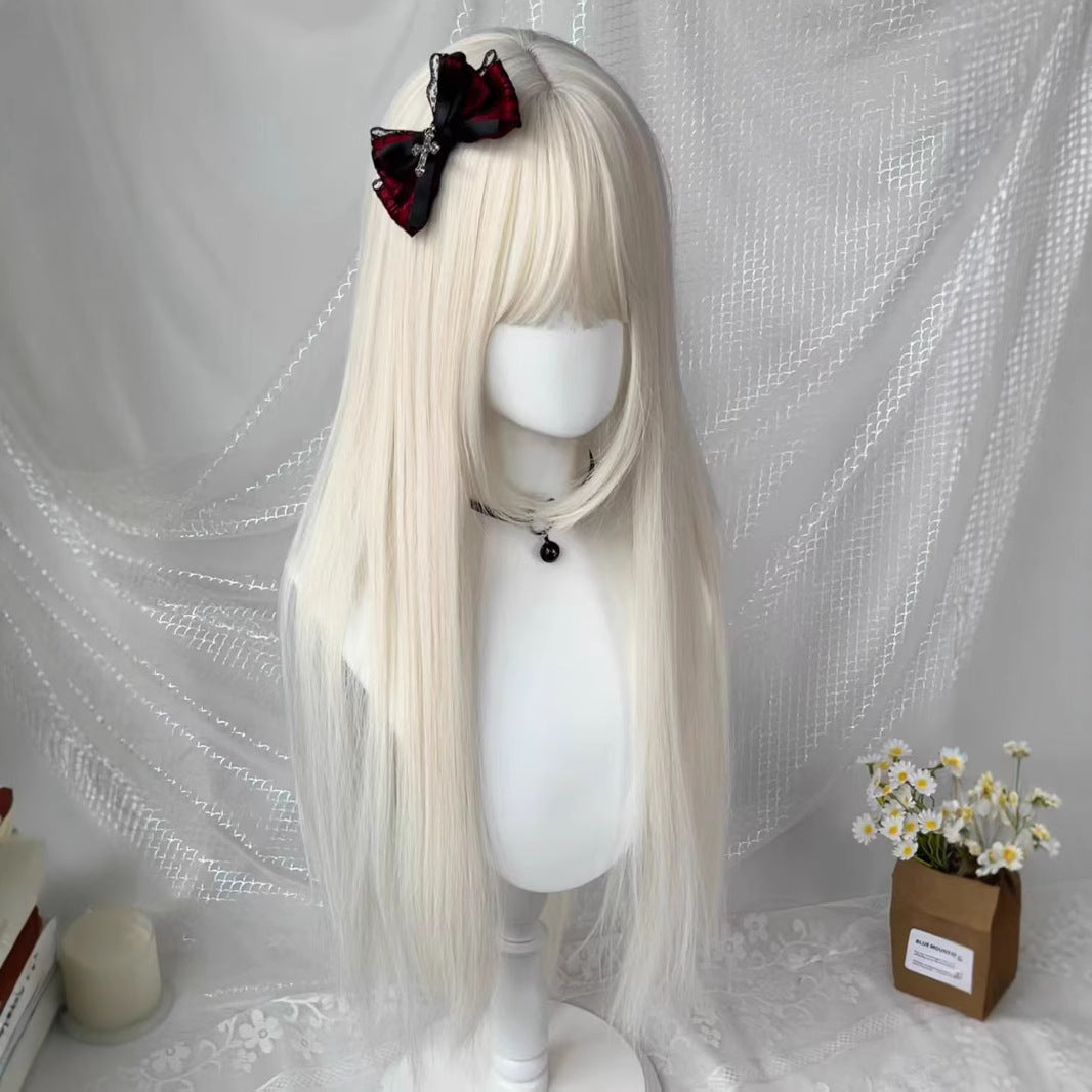 Female Milky White Golden Hair Double Ponytail Little Long Straight Wig