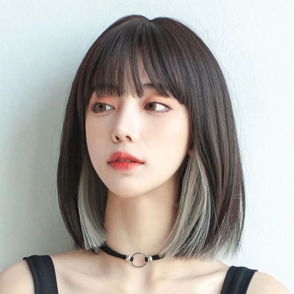 Female Head Round Face Gradient Pink Style Natural Simulation Age Wig Short Straight Hair