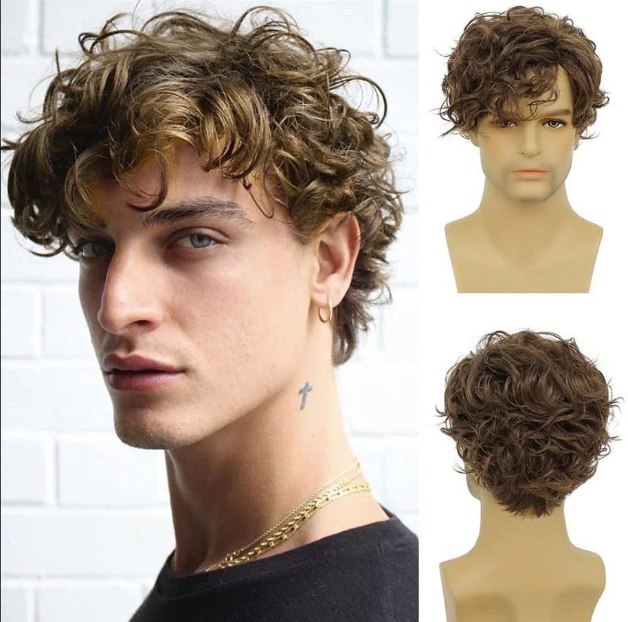 Men's Brown Side Bangs Short Curly Hair Men's Wig