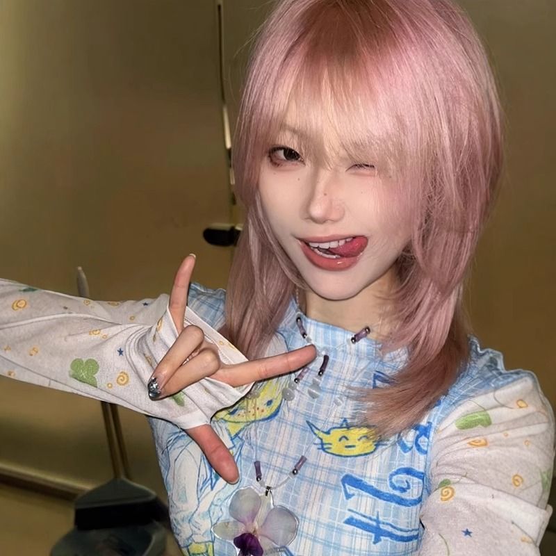 Daily Female Pink Collarbone Asian Culture Bangs Wig Short Straight Hair