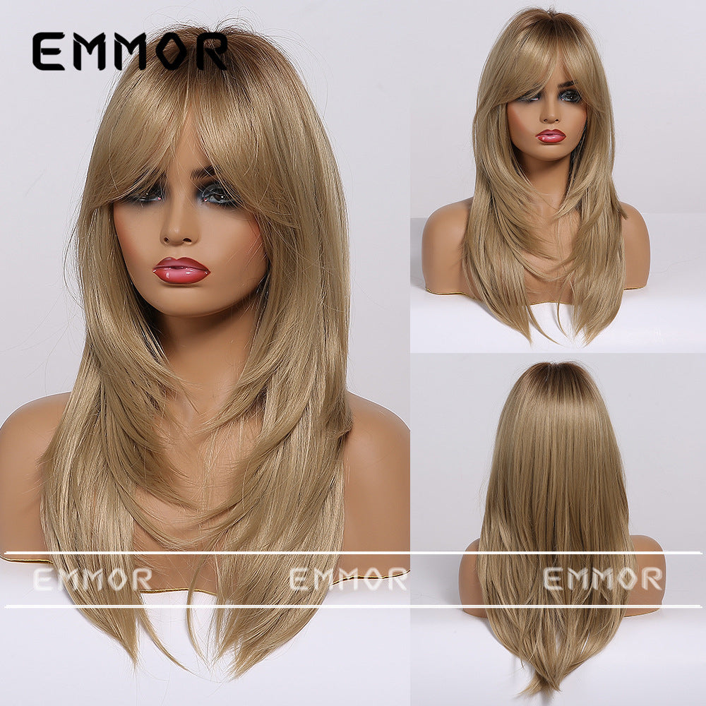Women's Bangs Gradient Golden Mid-length Hair Curling Wig Long Curls