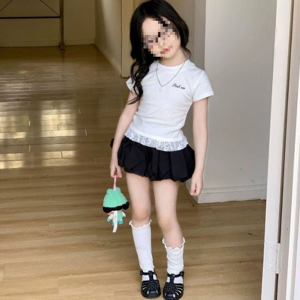 Children's Suit Letter Lace Short-sleeved Bud Skirt Pants Two-piece Children's T-shirt