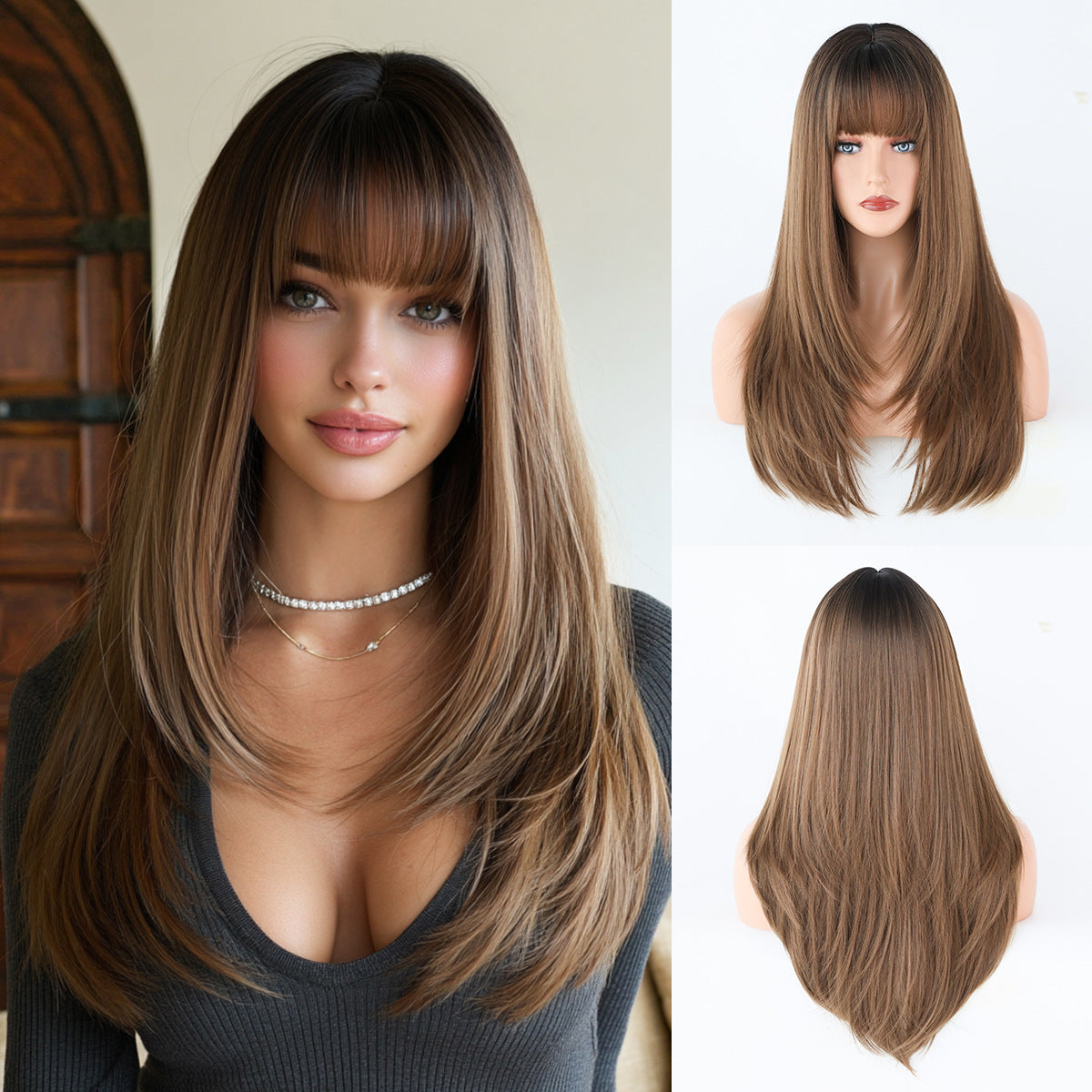 High Level Female Air Bangs Hair Brown Daily Fluffy Quality Long Straight Wig
