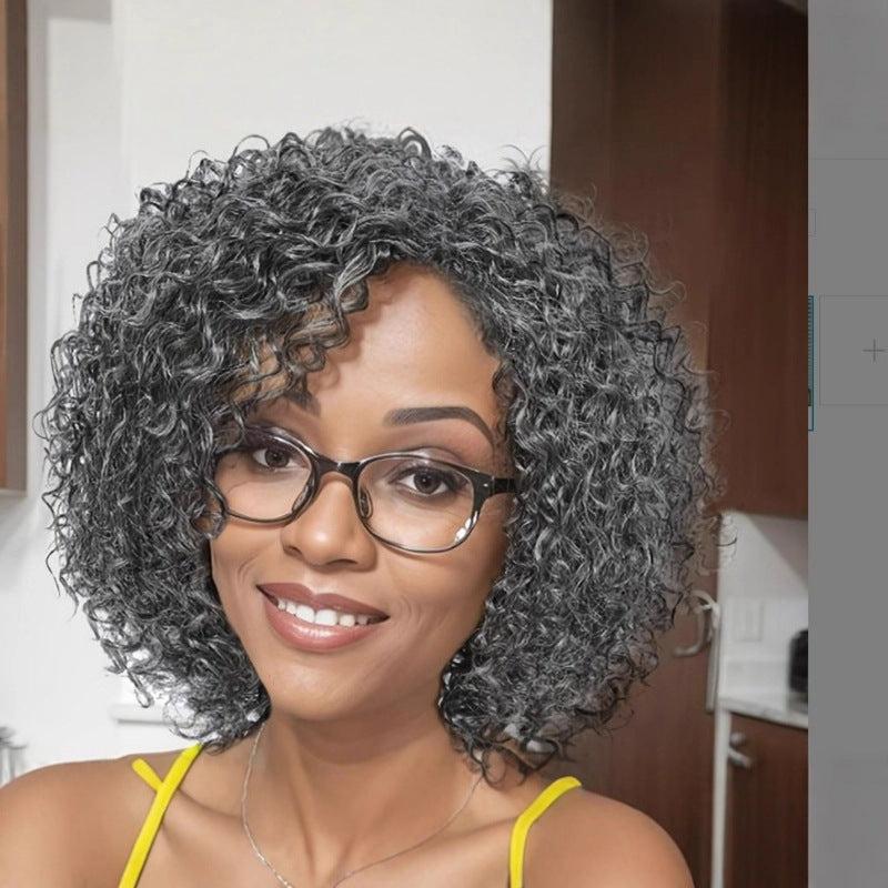Women's African Gray Partial Front Lace Synthetic Wigs Hand Wrapped Small Wig Short Curly Hair