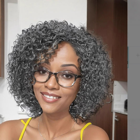 Women's African Gray Partial Front Lace Synthetic Wigs Hand Wrapped Small Wig Short Curly Hair