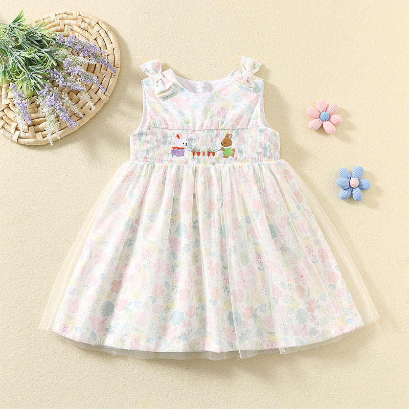 Summer Pink Smocking Princess Cute Bunny Embroidered Mesh Shirt Cotton Children's Dress