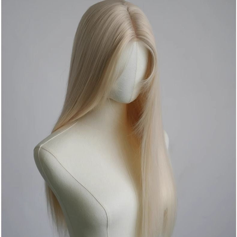 Female White Gold Color Forehead Lace Mid-length Golden Hair Blonde Long Straight Wig
