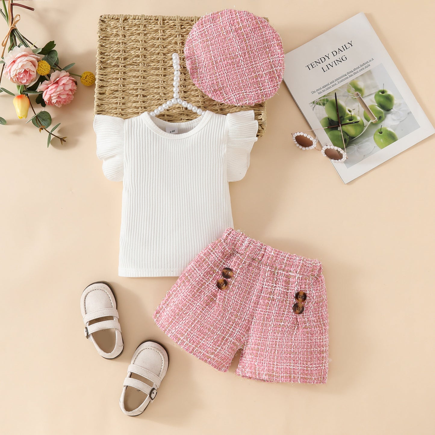 Flounced Sleeve Solid Color Top Plaid Children's Suit