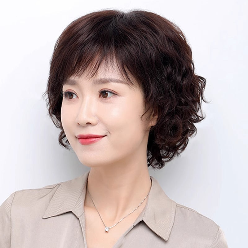 Short Full Top Curly Fashion Mom Sheath Real Hair Wig