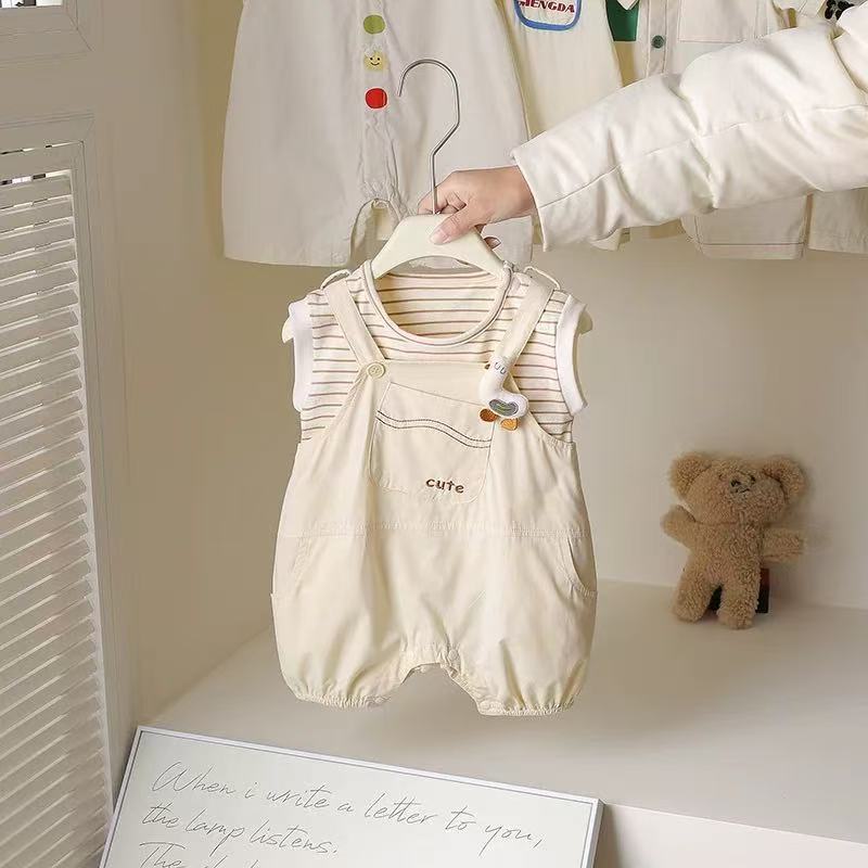 One-piece Striped Sleeveless Suspender Pants Two-piece Set Cartoon Jumpsuit, Climbing Suit