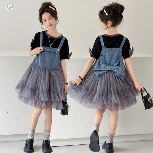 Sweet Denim Brace Yarn Skirt Short Sleeve Mesh Children's Suit