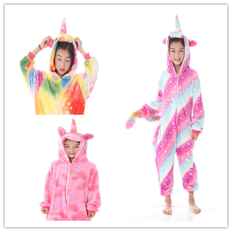 Children's Cartoon Animal One-piece Pajamas Rainbow Flannel Lion Cute Long Jumpsuit, Climbing Suit