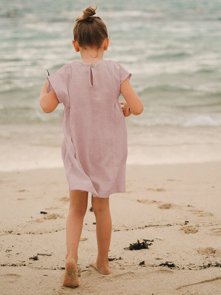 Women's Promotion High Quality Pure Linen Casual Vacation Short-sleeved Skirt Round Children's Dress