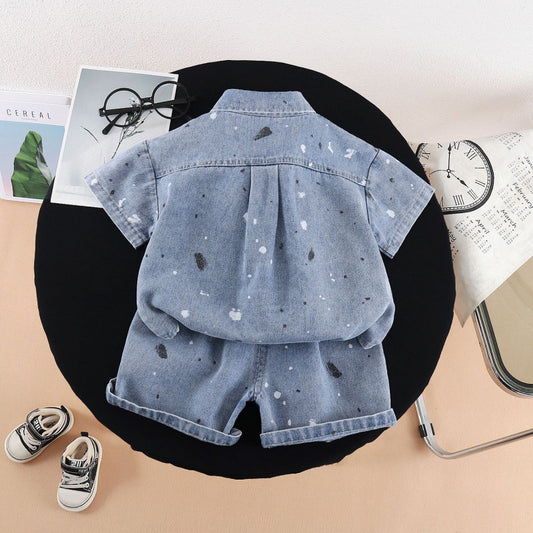 Children's Summer Western Style Denim Short Sleeve Three-piece Set Handsome Clothes Children's Suit