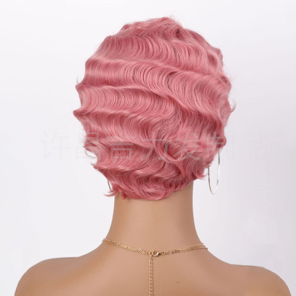 Head Cover Vintage Water Ripple Synthetic Wig Short Curly Hair