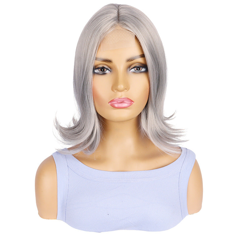 Women's Fashion Small Lace Gray Mid-length Head Wig Short Curly Hair