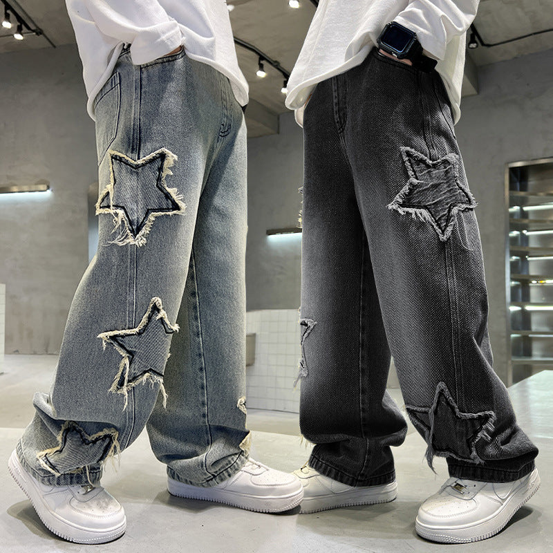 American Embroidered Patch Design Straight Loose Children's Pants