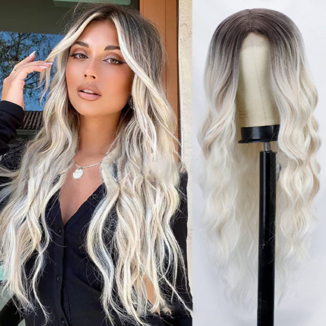 Gradient White Gold Female Middle Curly Synthetic Wig Long Curls