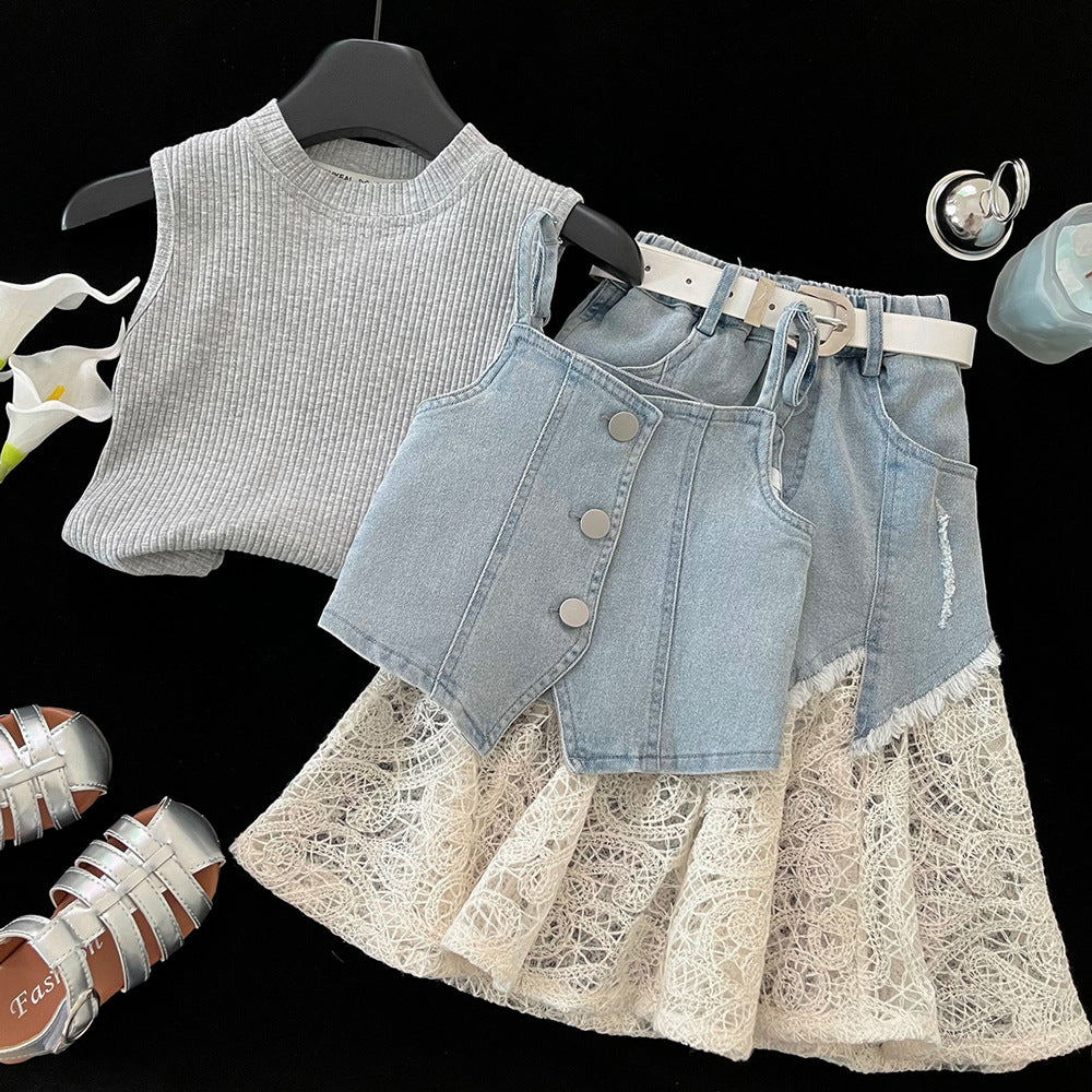 Denim Skirt Summer Fashionable Lace Stitching Camisole Three-piece Children's Suit