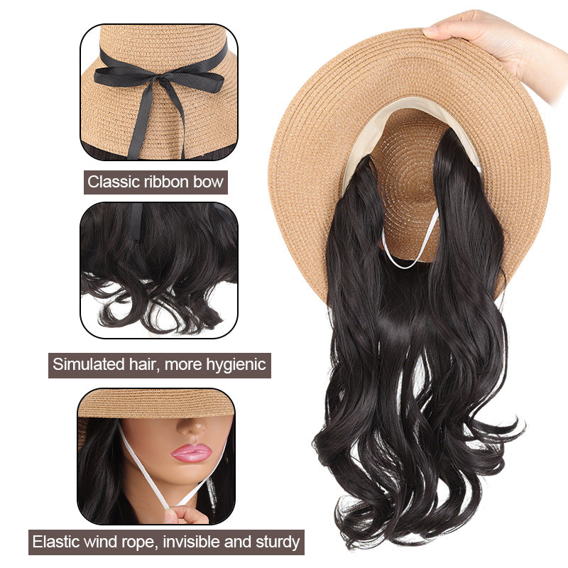 Straw Sun Hat Curly Hair One-piece Wig Long Curls