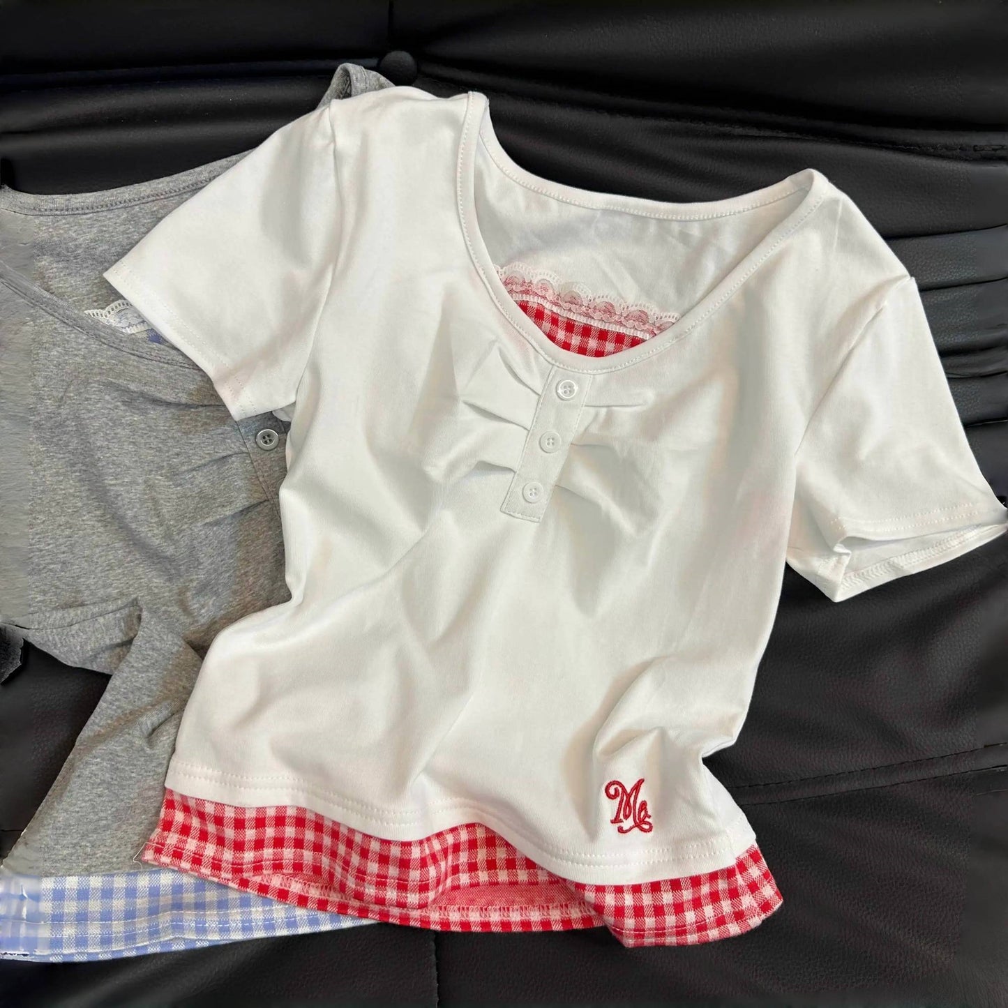 Lace Plaid Short-sleeved Summer Fashion Slim Fit Teens Bottoming Shirt Children's T-shirt