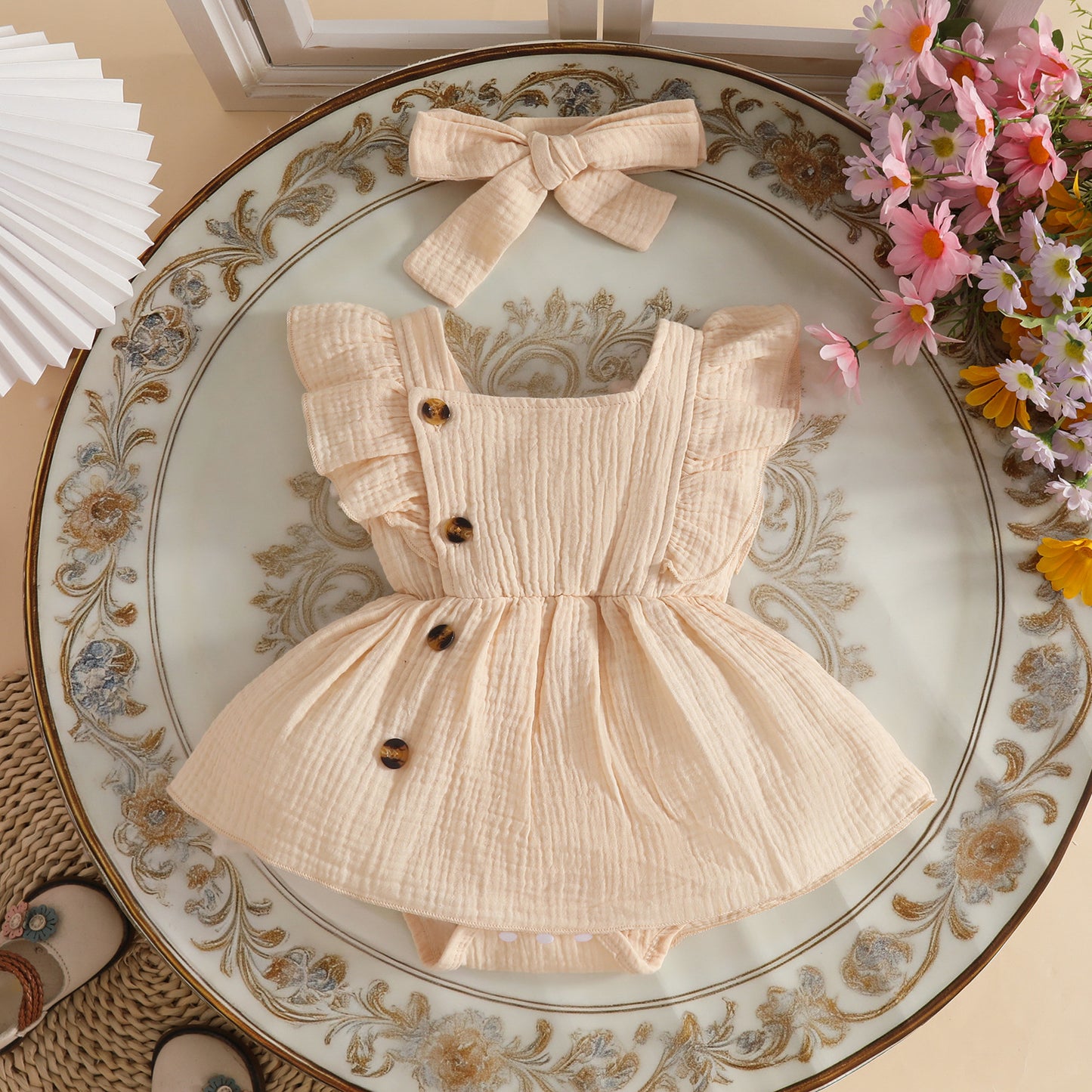 Sleeve Square Collar Crepe Chine Fabric Hair Band Sweet Triangle Children's Dress