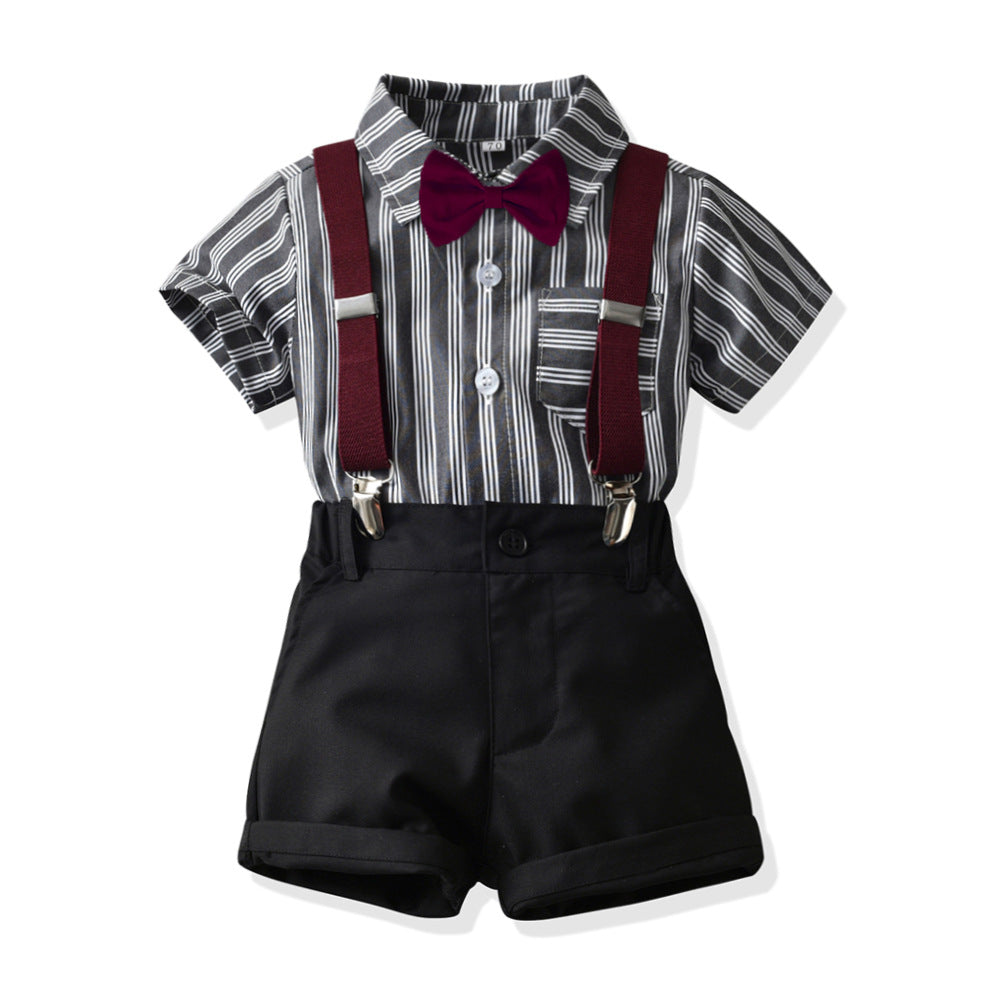 Children's Style Korean Summer Striped Lapel Short Sleeve Cotton Cardigan Suspender Children's Suit