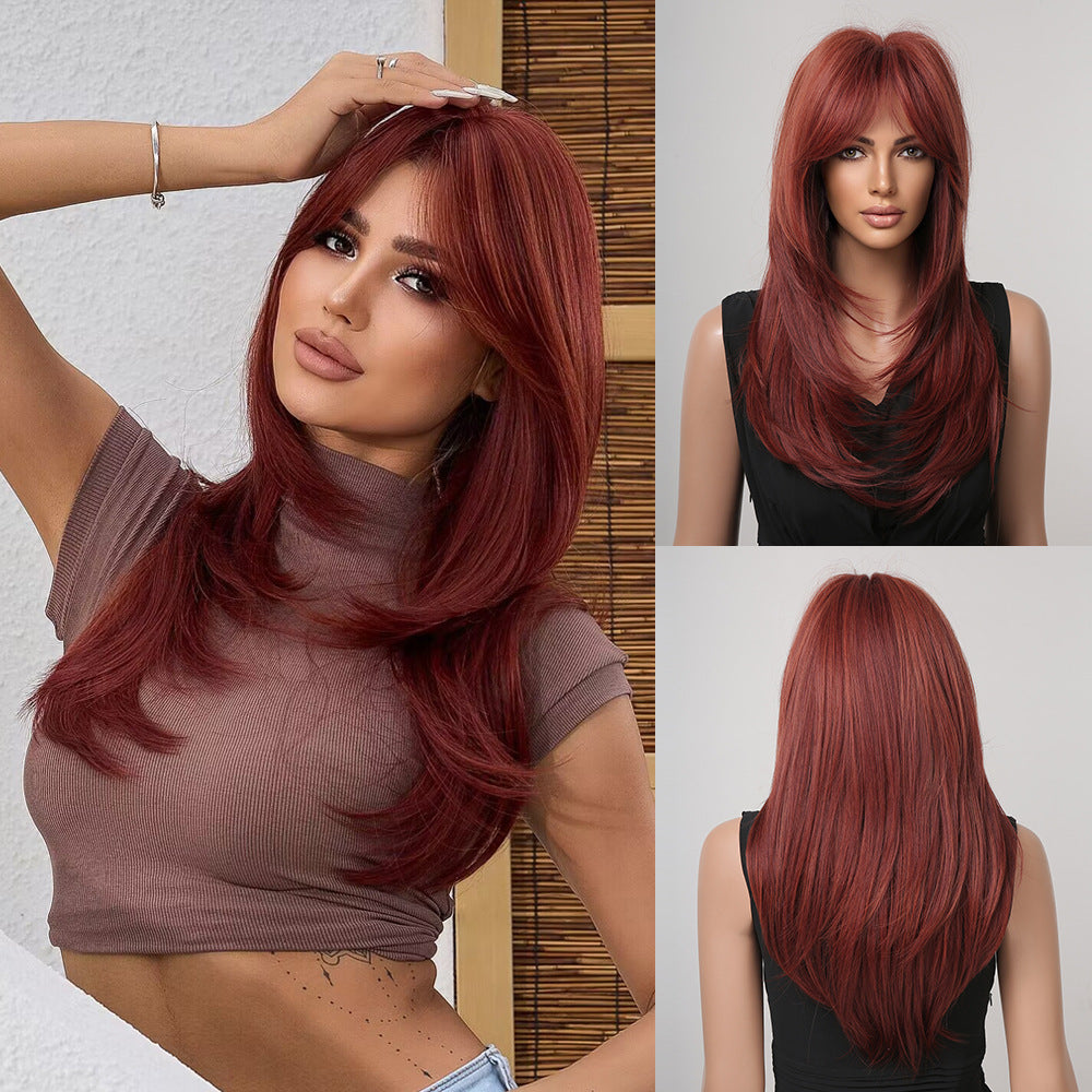 Punk Pink Gradient Dark Brown Fringe Straight Wig Long Curls