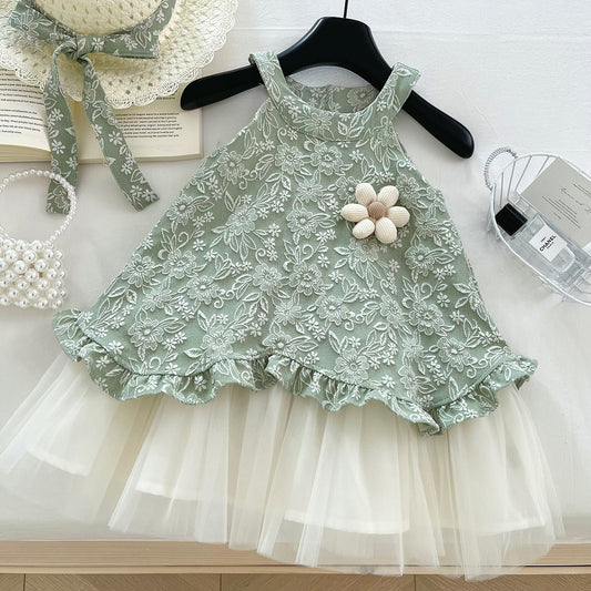 Children's Korean Style Fashionable Retro Bow Jacquard Mesh Children's Dress