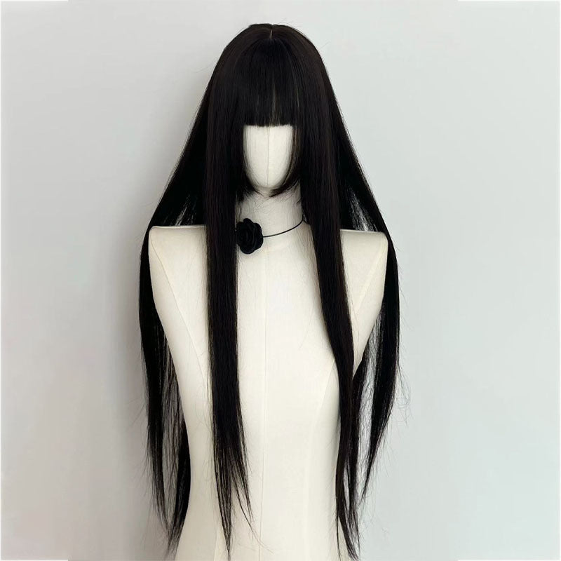 Female Natural Sideburns Bangs Hair Dark Brown Simulation Daily Lolita Long Straight Wig