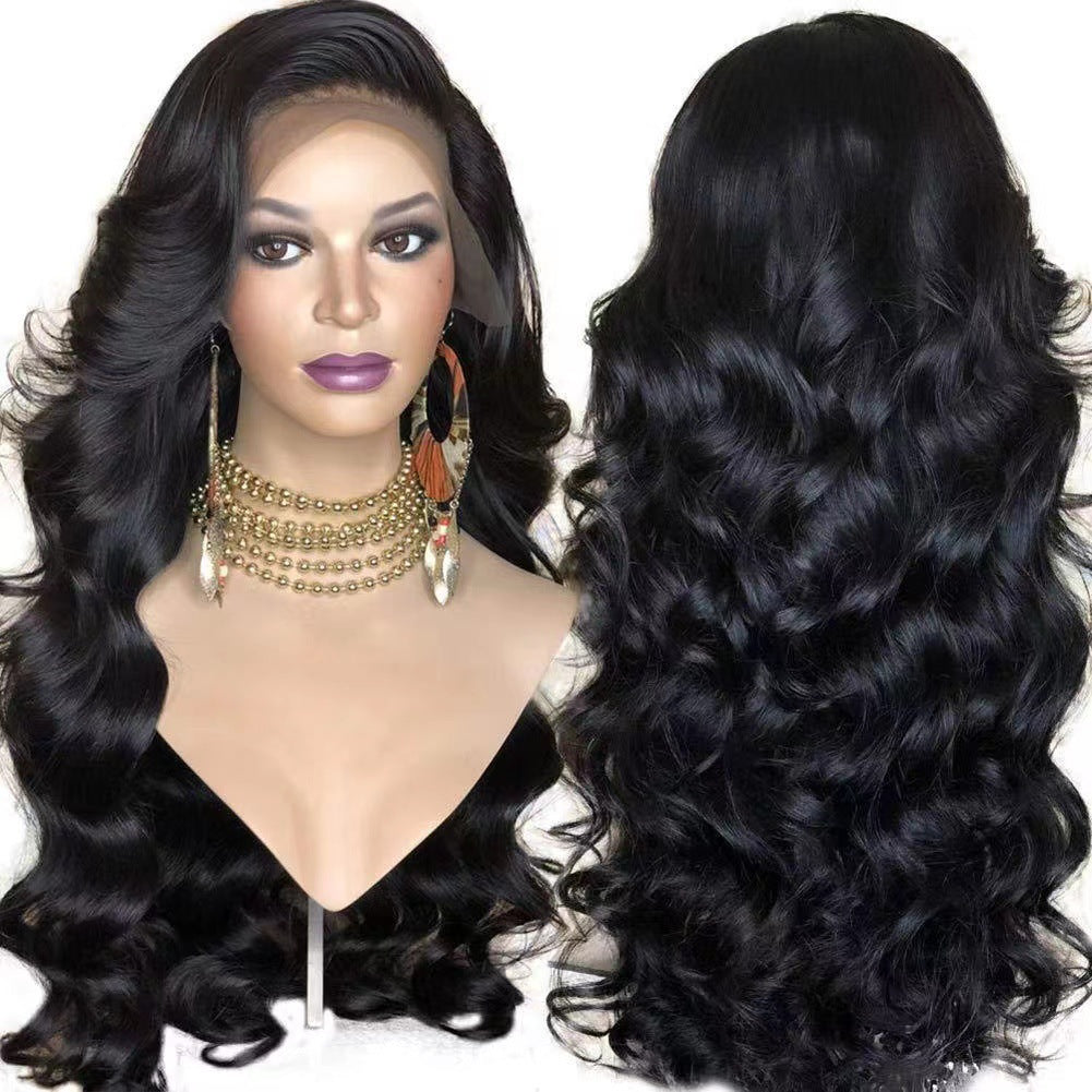 Women's Front Lace Curly Hair Black Medium Large Wave Wig Long Curls