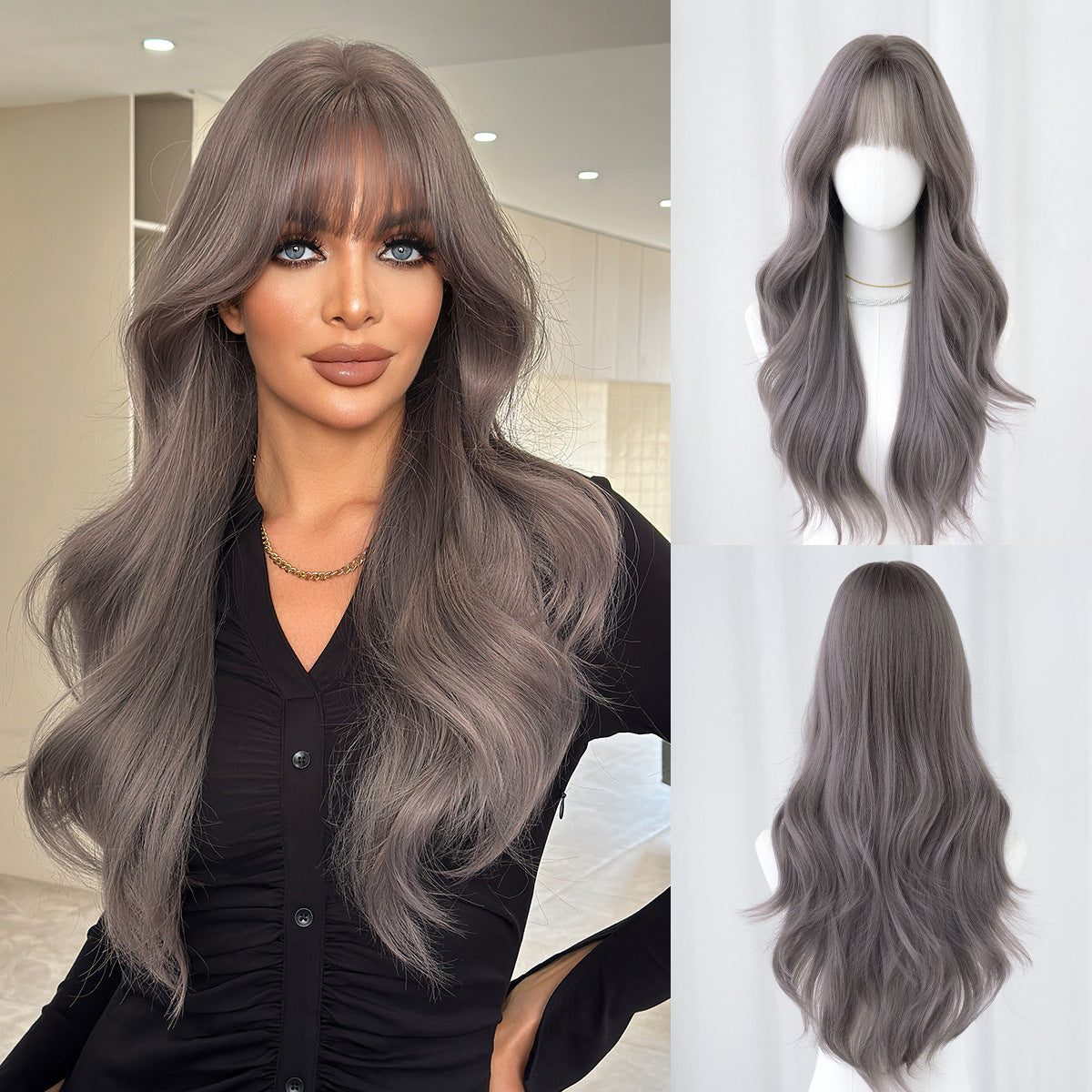 Black Tea Brown Straight Bangs Curly Wig Long Curls