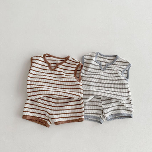 Korean Striped Contrast Color Retro Sleeveless T-shirt Shorts Home Children's Suit