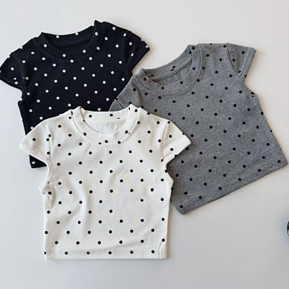 Dot Printed Short Sleeve Slim Round Neck Bottoming Shirt Top Children's T-shirt