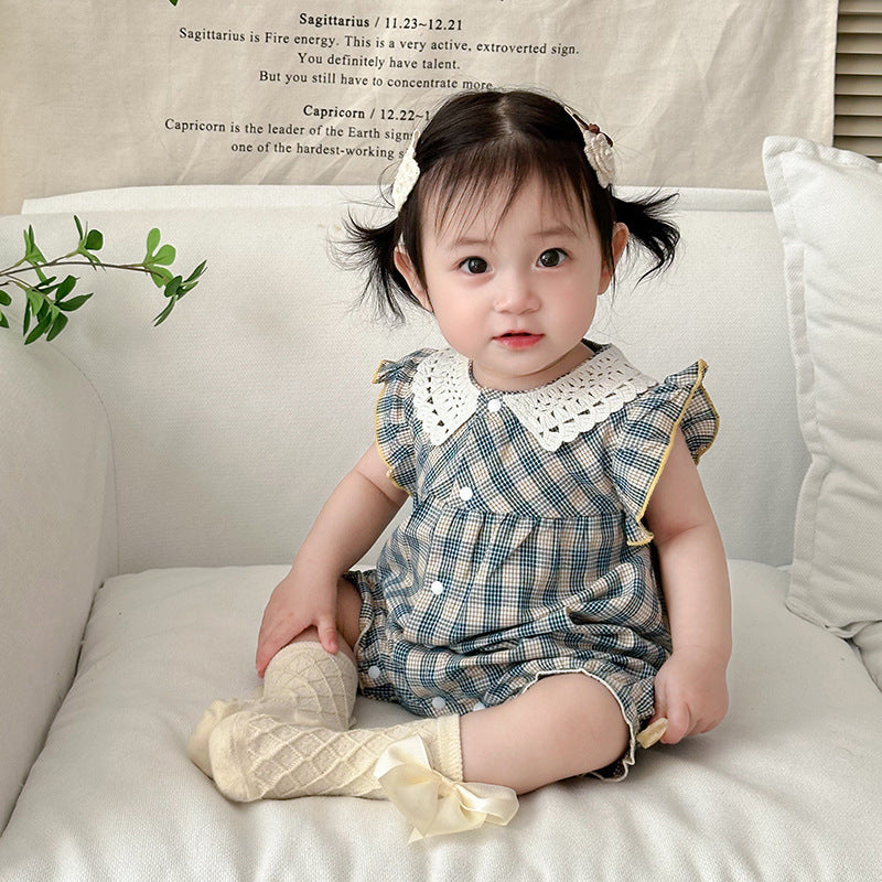 Clothes Jumpsuit Lace Plaid Front Open For Babies Short Sleeve Jumpsuit, Climbing Suit