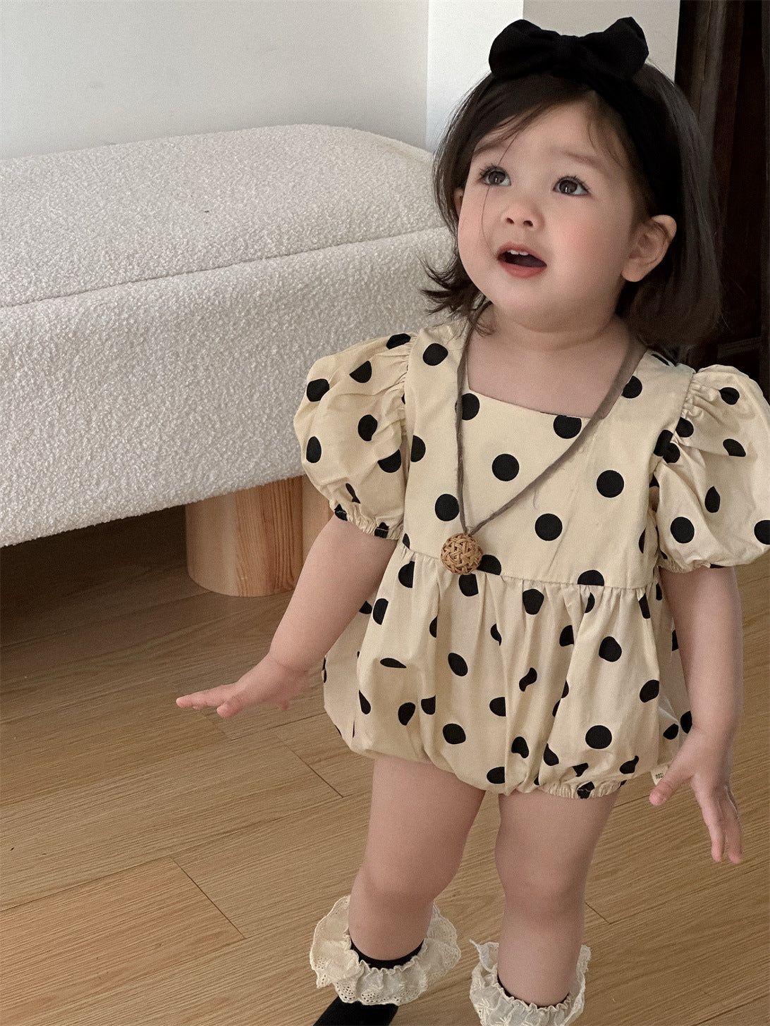 Children's Summer Puff Sleeve Thin Romper Korean Style Clothing Polka Dot Jumpsuit, Climbing Suit