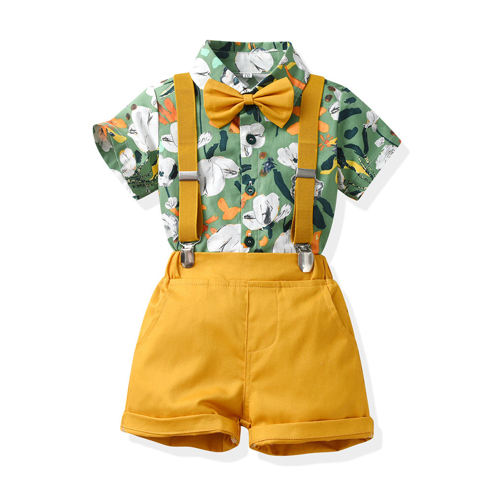Children's Summer Clothing Short-sleeved Cotton Shirt Suspender Pants One Year Old Children's Suit