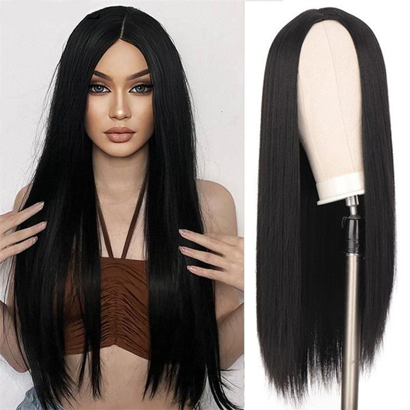 Women's Black Hair African Medium Chemical Fiber Long Straight Wig