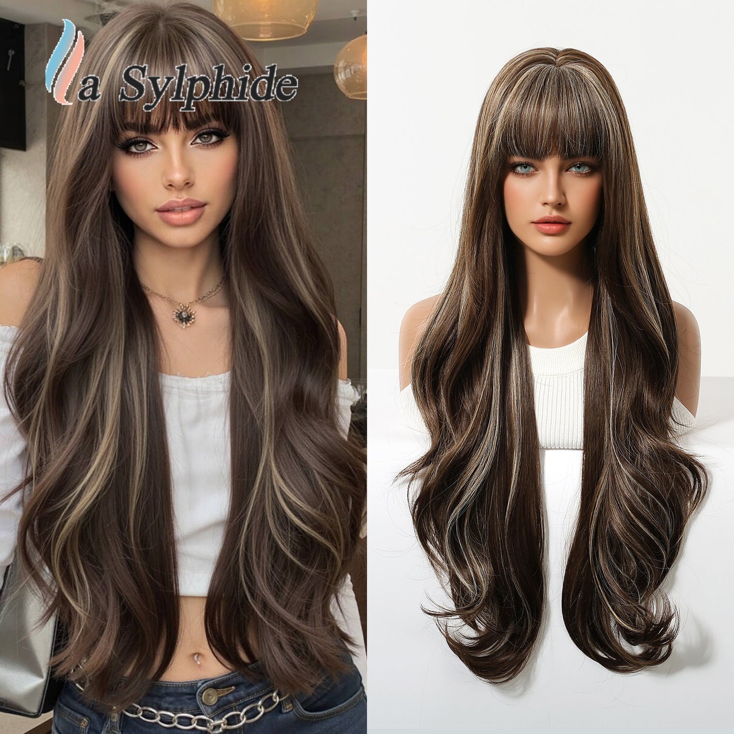 Female Big Wave Roman Curly Bangs Hair White Gold Color Wig Long Curls